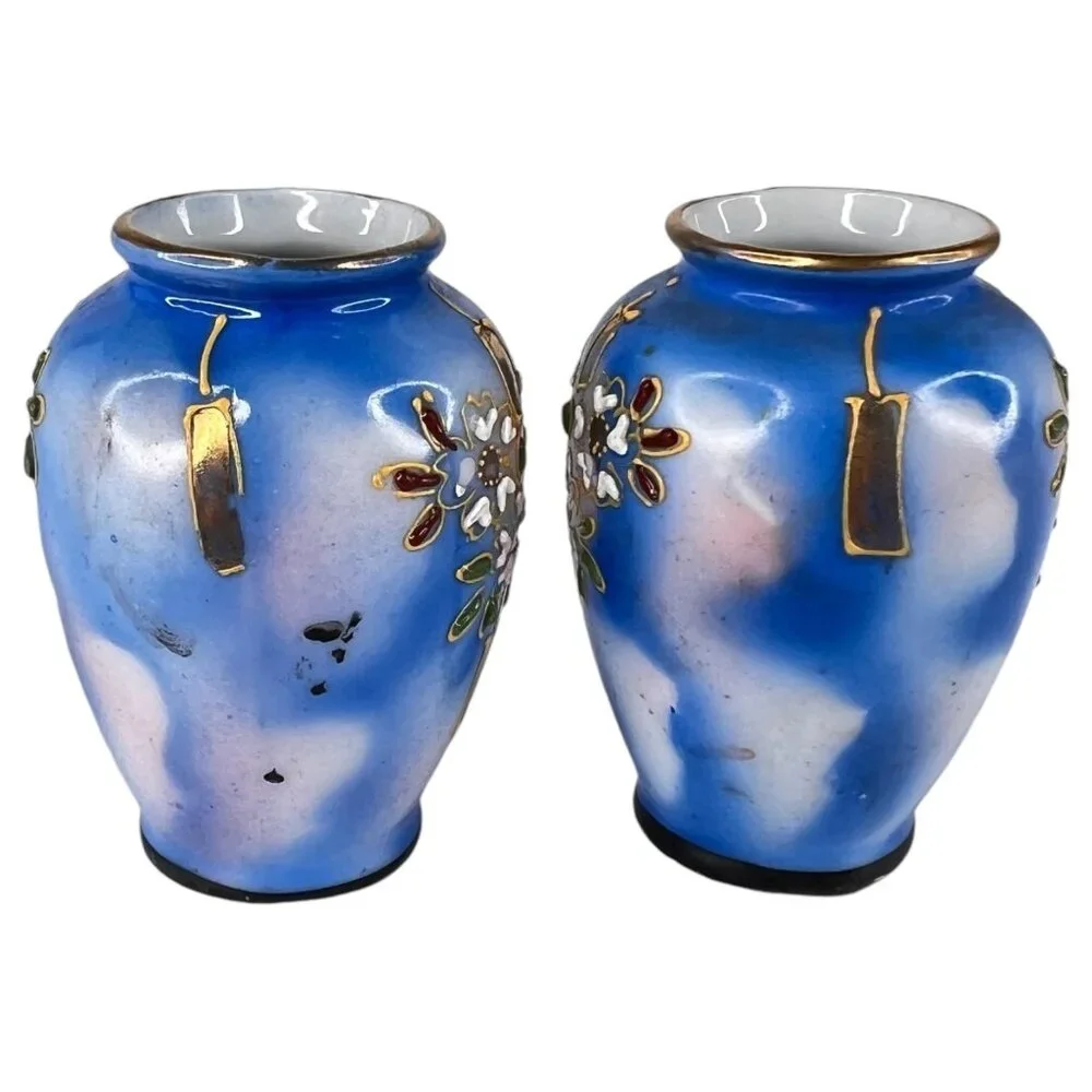 4 Blue Hand Paint Mini Vases Cherry Blossom Floral Design 2.5 IN Inch Made Japan